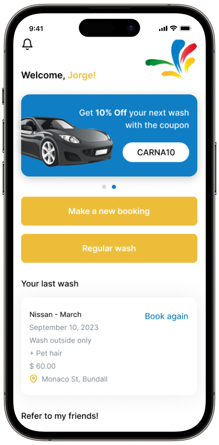 Carnawash app home screen